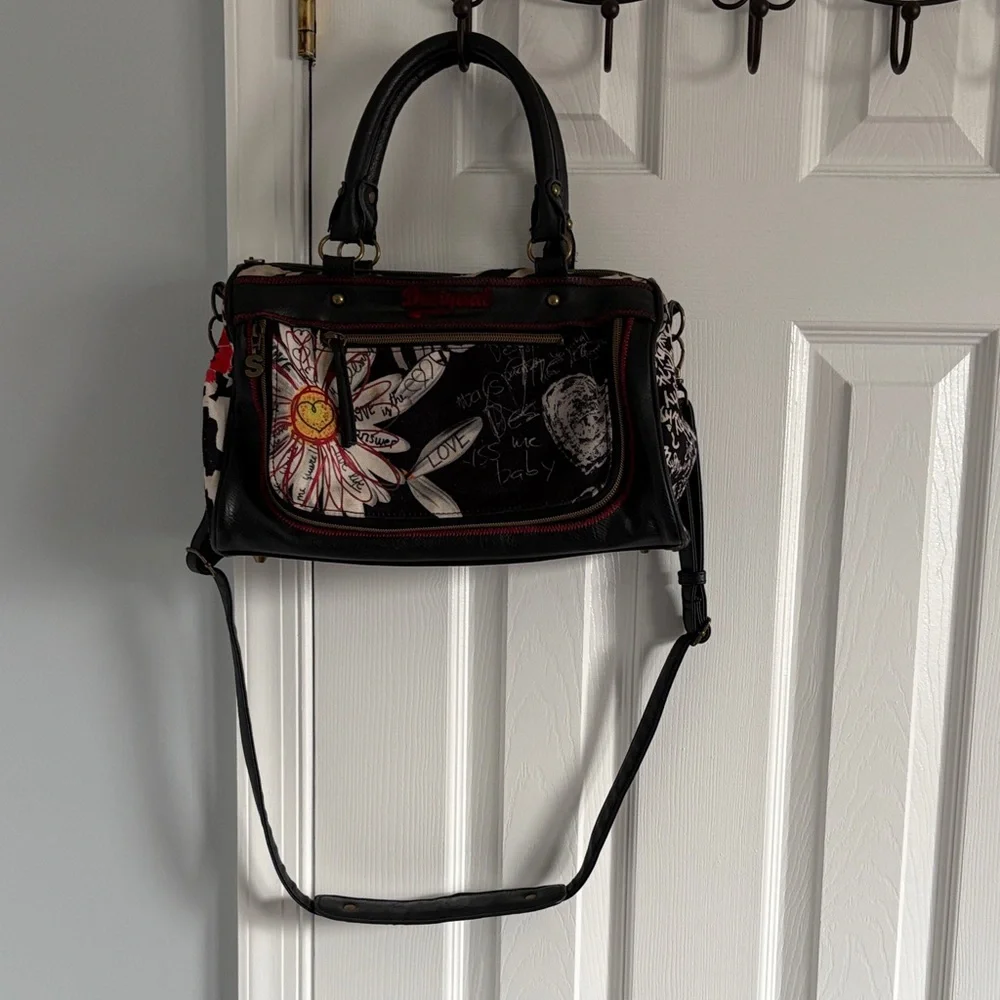 Desigual Black Satchel Red & White Floral Detail Top Handle w. Crossbody Strap